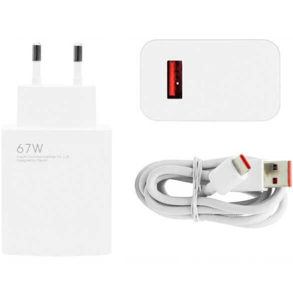 Hálózati töltő adapter, 67W, USB aljzat, USB Type-C kábellel, gyorstöltés, Xiaomi Charging Combo, fehér, gyári