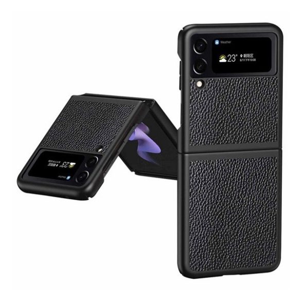 Samsung Galaxy Z Flip4 SM-F721B, Műanyag hátlap védőtok, bőrhatású hátlap, fekete