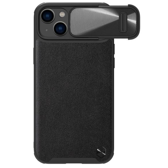 Apple iPhone 14, Műanyag hátlap védőtok, szilikon keret, kamera védelem, közepesen ütésálló, bőrhatású hátlap, Nillkin CamShield Leather "S", fekete