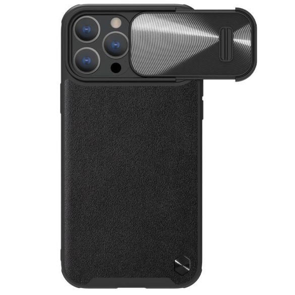 Apple iPhone 14 Pro Max, Műanyag hátlap védőtok, szilikon keret, kamera védelem, közepesen ütésálló, bőrhatású hátlap, Nillkin CamShield Leather "S", fekete
