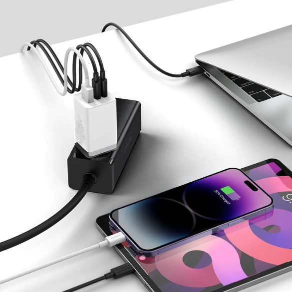 Hálózati töltő adapter, 65W, USB aljzat, 2 x USB Type-C aljzat, USB Type-C - USB Type-C kábellel, gyorstöltés, PD 3.0, QC 3.0, GaN5, Baseus GaN5 Pro, fehér