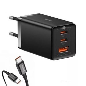 Hálózati töltő adapter, 65W, USB aljzat, 2 x USB Type-C aljzat, USB Type-C - USB Type-C kábellel, gyorstöltés, PD 3.0, QC 3.0, GaN5, Baseus GaN5 Pro, fekete