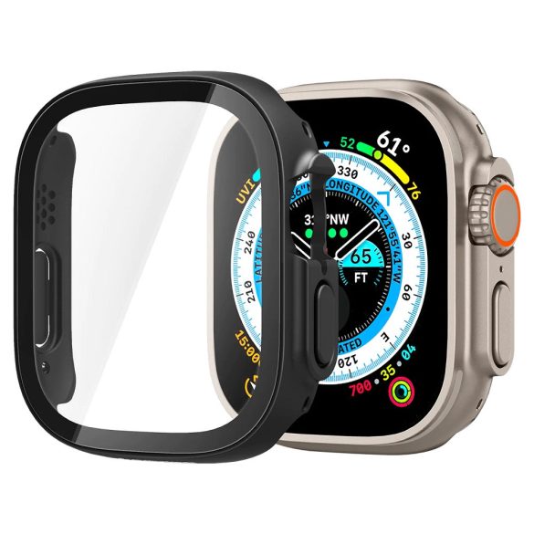 Apple Watch Ultra (49 mm), Műanyag védőkeret, 9H üveggel, szíj nélkül, Spigen Thin Fit 360, fekete