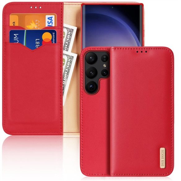 Samsung Galaxy S23 Ultra SM-S918, Oldalra nyíló tok, valódi bőrtok, stand, Dux Ducis Hivo, piros