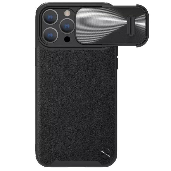 Apple iPhone 14 Pro, Műanyag hátlap védőtok, szilikon keret, kamera védelem, közepesen ütésálló, bőrhatású hátlap, Nillkin CamShield Leather "S", fekete