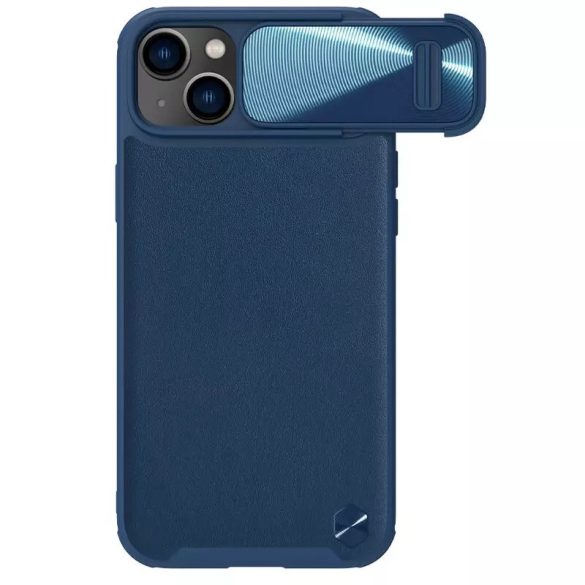 Apple iPhone 14 Plus, Műanyag hátlap védőtok, szilikon keret, kamera védelem, közepesen ütésálló, bőrhatású hátlap, Nillkin CamShield Leather "S", kék