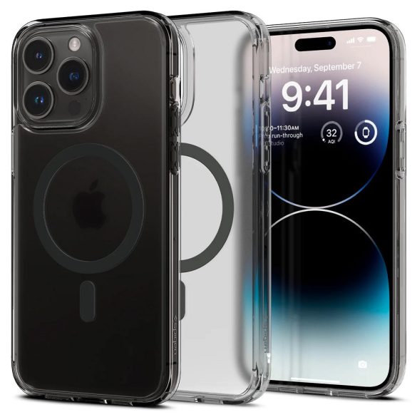 Apple iPhone 14 Pro, Műanyag hátlap védőtok + szilikon keret, Magsafe töltővel kompatibilis, Spigen Ultra Hybrid Mag, áttetsző/fekete