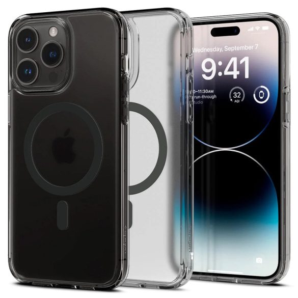 Apple iPhone 14 Pro Max, Műanyag hátlap védőtok + szilikon keret, Magsafe töltővel kompatibilis, Spigen Ultra Hybrid Mag, áttetsző/fekete