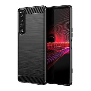 Sony Xperia 1 IV, Szilikon tok, közepesen ütésálló, szálcsiszolt, karbon minta, fekete