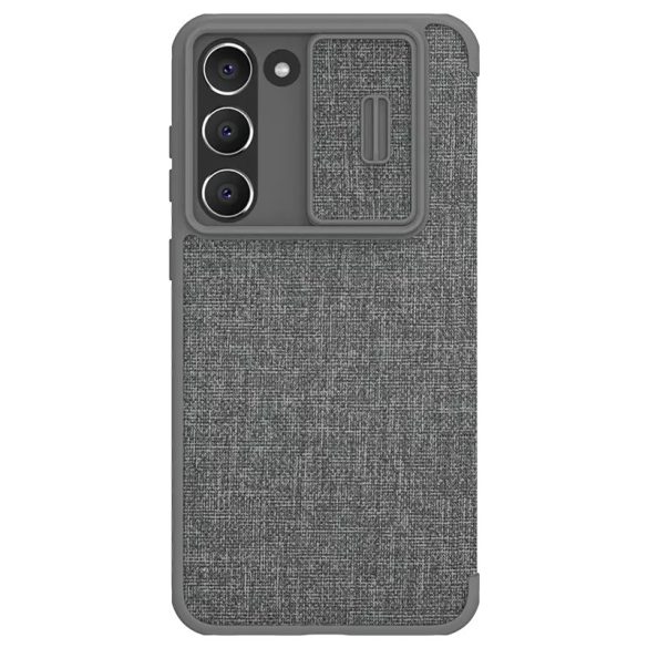 Samsung Galaxy S23 Plus SM-S916, Oldalra nyíló tok, kamera védelem, Nillkin Qin Pro Plain Leather Cloth, szürke