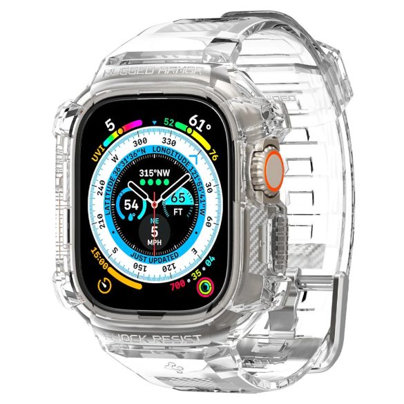 Apple Watch Ultra (49 mm), Szilikon védőkeret, ütésálló, szíjjal, Spigen Rugged Armor Pro, átlátszó