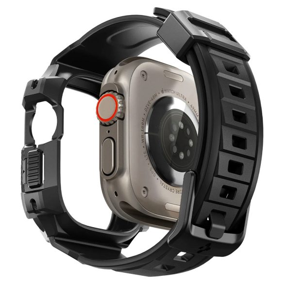 Apple Watch Ultra (49 mm), Szilikon védőkeret, ütésálló, szíjjal, Spigen Rugged Armor Pro, fekete