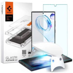 Samsung Galaxy S23 Ultra SM-S918, Kijelzővédő fólia, ütésálló fólia (az íves részre is!), Tempered Glass (edzett üveg), Spigen Glastr Platinum, Clear