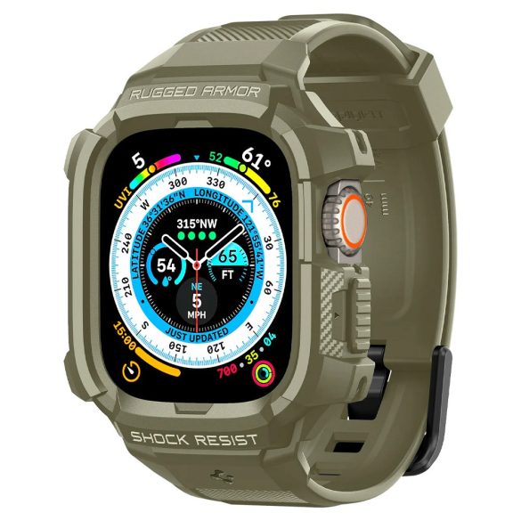 Apple Watch Ultra (49 mm), Szilikon védőkeret, ütésálló, szíjjal, Spigen Rugged Armor Pro, zöld