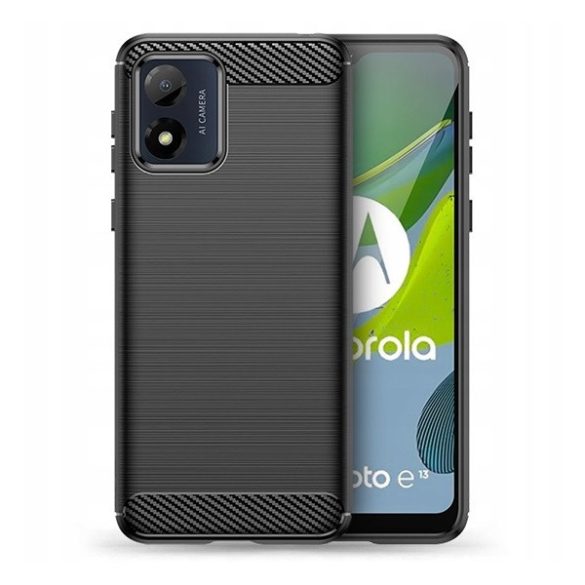 Motorola Moto E13, Szilikon tok, közepesen ütésálló, szálcsiszolt, karbon minta, fekete
