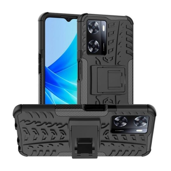Oppo A57 5G / A77 5G, Műanyag hátlap védőtok, Defender, kitámasztóval és szilikon belsővel, autógumi minta, fekete