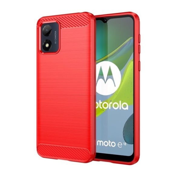 Motorola Moto E13, Szilikon tok, közepesen ütésálló, szálcsiszolt, karbon minta, piros
