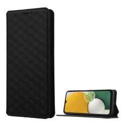   Samsung Galaxy A14 4G / A14 5G SM-A145F / A146B, Oldalra nyíló tok, bőrhatású, stand, Teljes 3D rombusz minta, prémium, fekete