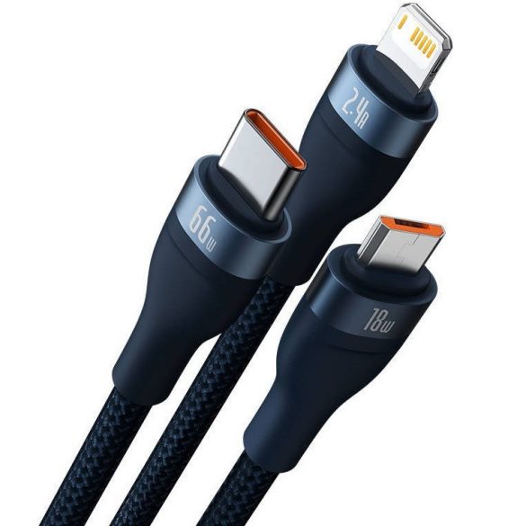 USB töltő- és adatkábel 3in1, USB Type-C, Lightning, microUSB, 120 cm, 6000 mAh, 66 W, törésgátlóval, gyorstöltés, cipőfűző minta, Baseus Flash Series 2, CASS040003, sötétkék