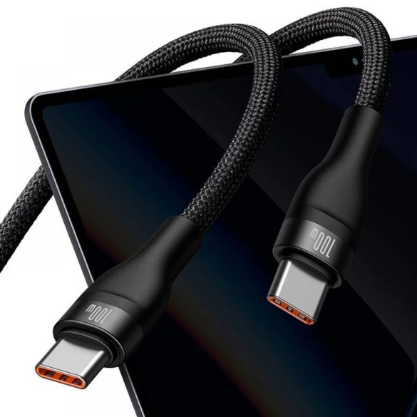 USB Type-C töltő- és adatkábel 2in1, 2 x USB Type-C, 150 cm, 5000mAh, 100W, törésgátló, gyorstöltés, PD, QC, cipőfűző minta, Baseus Flash Series 2, CASS060001, fekete