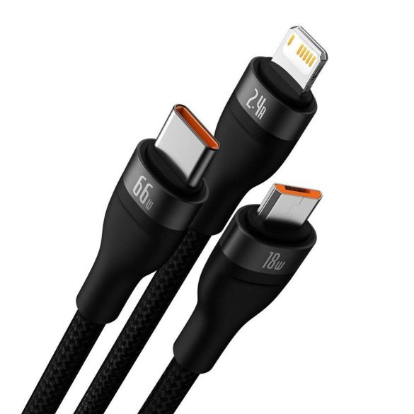 USB töltő- és adatkábel 3in1, USB Type-C, Lightning, microUSB, 120 cm, 6000 mAh, 66 W, törésgátlóval, gyorstöltés, cipőfűző minta, Baseus Flash Series 2, CASS040001, fekete