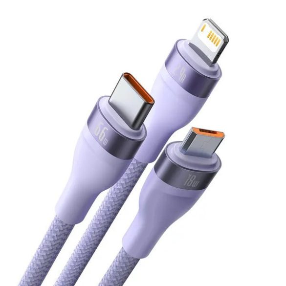 USB töltő- és adatkábel 3in1, USB Type-C, Lightning, microUSB, 120 cm, 6000 mAh, 66 W, törésgátlóval, gyorstöltés, cipőfűző minta, Baseus Flash Series 2, CASS040005, lila