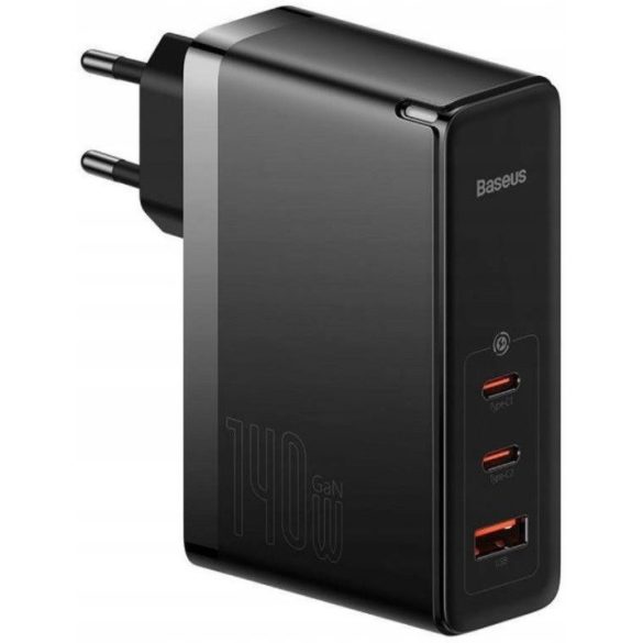 Hálózati töltő adapter, 140W, USB aljzat, 2 x USB Type-C aljzat, USB Type-C - USB Type-C kábellel, gyorstöltés, PD 3.1, QC, GaN5, Baseus GaN5 Pro, fekete