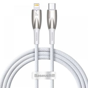 USB Type-C töltő- és adatkábel, Lightning, 100 cm, 2400mA, 20W, törésgátlóval, gyorstöltés, PD, Baseus Glimmer, CADH000002, fehér