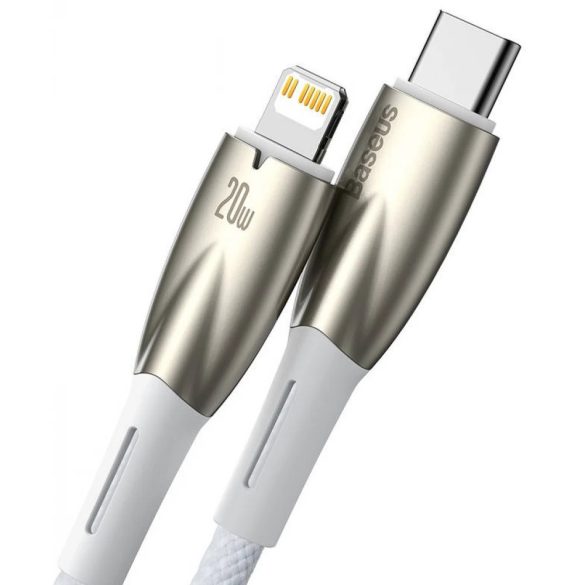 USB Type-C töltő- és adatkábel, Lightning, 100 cm, 2400mA, 20W, törésgátlóval, gyorstöltés, PD, Baseus Glimmer, CADH000002, fehér