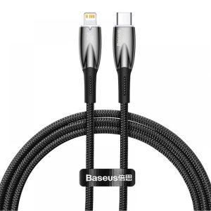 USB Type-C töltő- és adatkábel, Lightning, 100 cm, 2400mA, 20W, törésgátlóval, gyorstöltés, PD, Baseus Glimmer, CADH000001, fekete