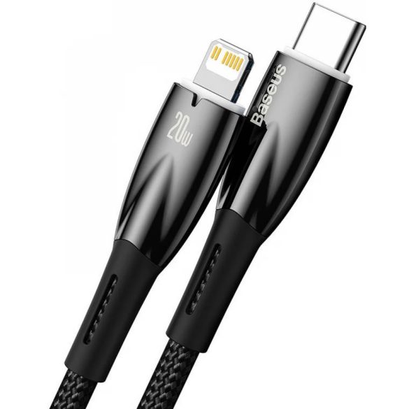 USB Type-C töltő- és adatkábel, Lightning, 100 cm, 2400mA, 20W, törésgátlóval, gyorstöltés, PD, Baseus Glimmer, CADH000001, fekete