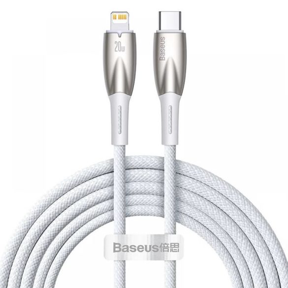 USB Type-C töltő- és adatkábel, Lightning, 200 cm, 2400mA, 20W, törésgátlóval, gyorstöltés, PD, Baseus Glimmer, CADH000102, fehér