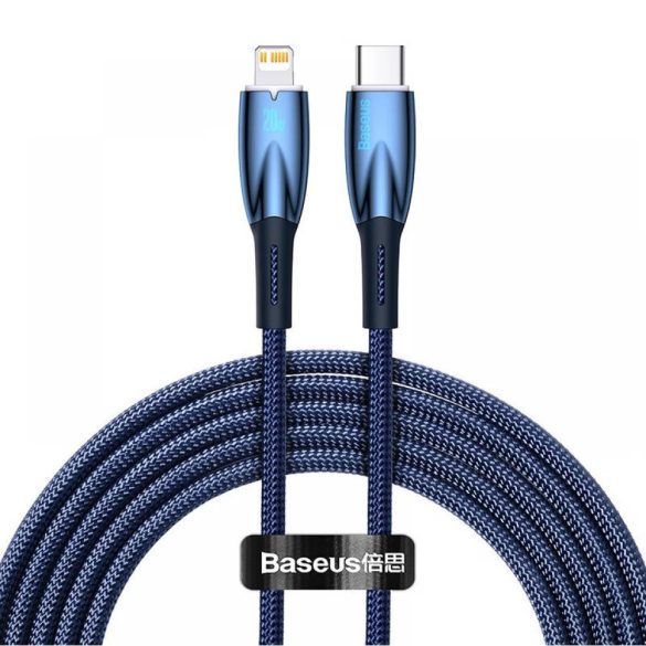 USB Type-C töltő- és adatkábel, Lightning, 200 cm, 2400mA, 20W, törésgátlóval, gyorstöltés, PD, Baseus Glimmer, CADH000103, sötétkék