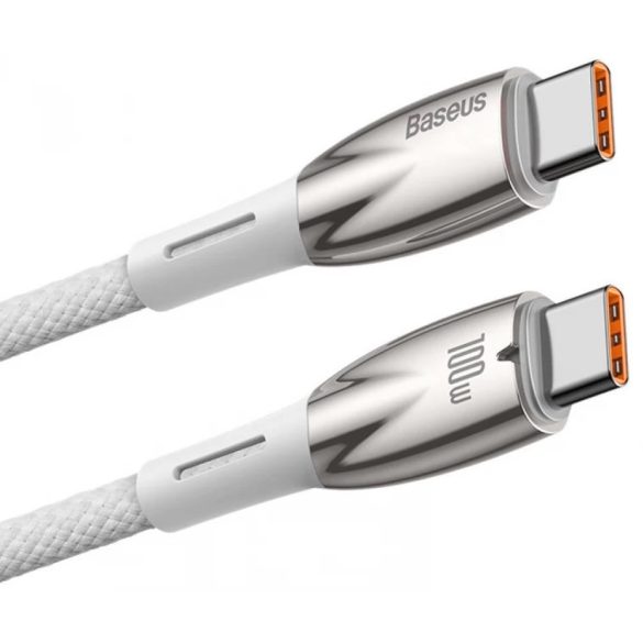 USB Type-C töltő- és adatkábel, USB Type-C, 200 cm, 5000 mA, 100W, törésgátlóval, gyorstöltés, PD, Baseus Glimmer, CADH000802, fehér