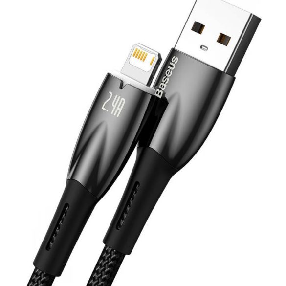 USB töltő- és adatkábel, Lightning, 100 cm, 2400 mA, törésgátlóval, gyorstöltés, Baseus Glimmer, CADH000201, fekete