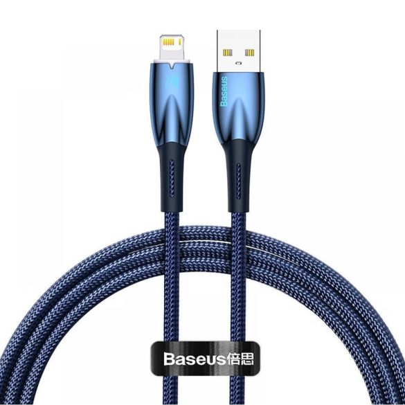 USB töltő- és adatkábel, Lightning, 100 cm, 2400 mA, törésgátlóval, gyorstöltés, Baseus Glimmer, CADH000203, sötétkék