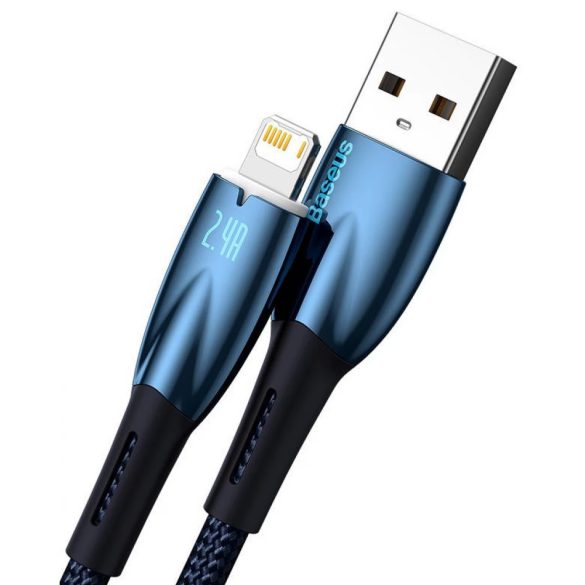 USB töltő- és adatkábel, Lightning, 100 cm, 2400 mA, törésgátlóval, gyorstöltés, Baseus Glimmer, CADH000203, sötétkék