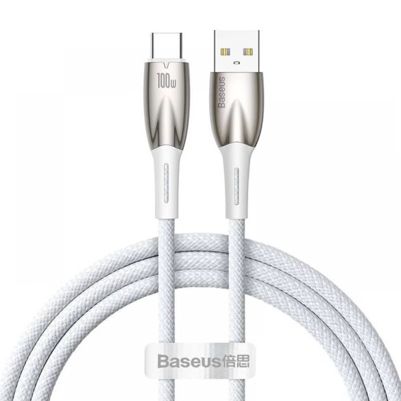 USB töltő- és adatkábel, USB Type-C, 100 cm, 6000 mA, 100W, törésgátlóval, gyorstöltés, Baseus Glimmer, CADH000402, fehér