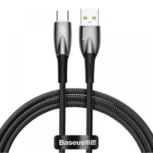 USB töltő- és adatkábel, USB Type-C, 100 cm, 6000 mA, 100W, törésgátlóval, gyorstöltés, Baseus Glimmer, CADH000401, fekete