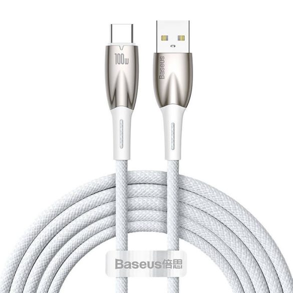 USB töltő- és adatkábel, USB Type-C, 200 cm, 6000 mA, 100W, törésgátlóval, gyorstöltés, Baseus Glimmer, CADH000602, fehér