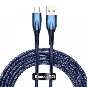 USB töltő- és adatkábel, USB Type-C, 200 cm, 6000 mA, 100W, törésgátlóval, gyorstöltés, Baseus Glimmer, CADH000503, sötétkék