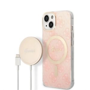 Apple iPhone 14, Műanyag hátlap védőtok, + 15W Magsafe töltő,. textíl hátlap, Guess minta, Magsafe kompatibilis, Guess 4G, rózsaszín