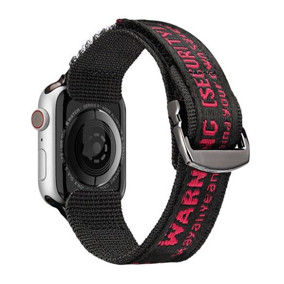 Apple Watch 1-6, SE (42 / 44 mm) / Watch 7-8 (45 mm) / Watch Ultra (49 mm), textíl pótszíj, tépőzáras, állítható, légáteresztő, feliratos, Dux Ducis Outdoor, fekete/piros