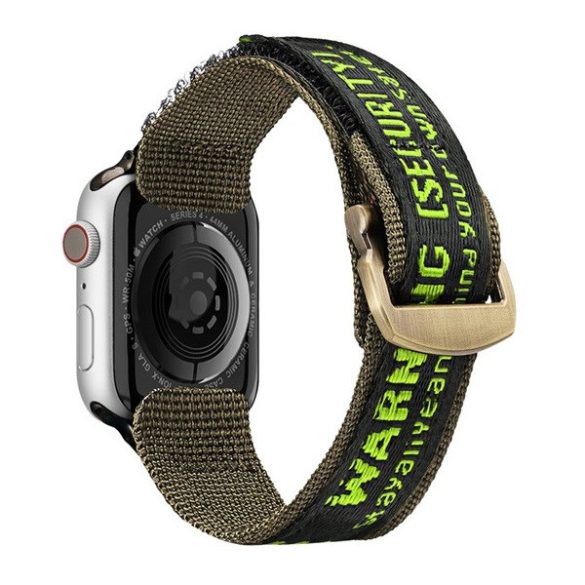 Apple Watch 1-6, SE (42 / 44 mm) / Watch 7-8 (45 mm) / Watch Ultra (49 mm), textíl pótszíj, tépőzáras, állítható, légáteresztő, feliratos, Dux Ducis Outdoor, fekete/zöld