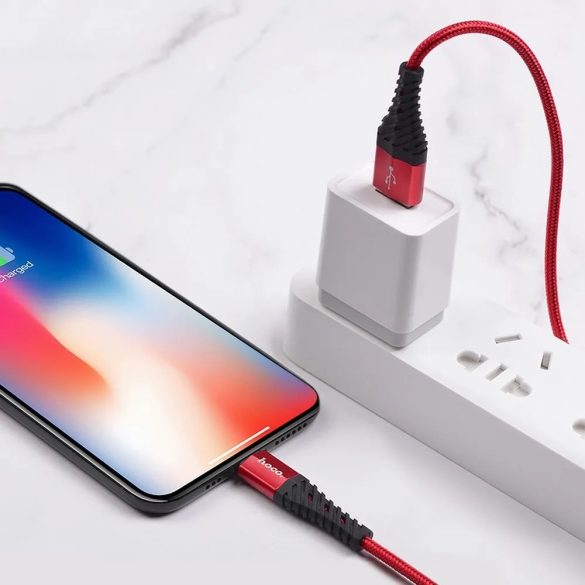 USB töltő- és adatkábel, Lightning, 100 cm, 2400 mA, törésgátlóval, gyorstöltés, QC, cipőfűző minta, Hoco X38 Cool, fekete