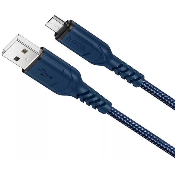 USB töltő- és adatkábel, microUSB, 100 cm, 2400 mA, törésgátlóval, gyorstöltés, QC, cipőfűző minta, Hoco X59 Victory, sötétkék