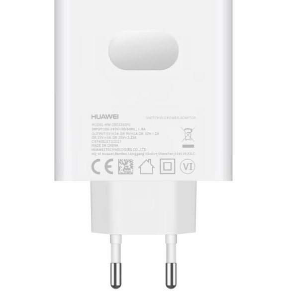 Hálózati töltő adapter, 65W, USB Type-C aljzat, USB Type-C - USB Type-C kábellel, PD, gyorstöltés, Huawei, fehér, gyári