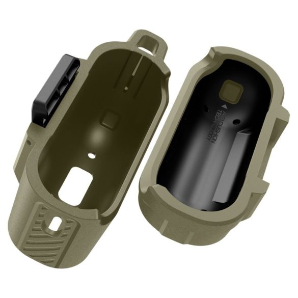 Bluetooth fülhallgató töltőtok tartó, műanyag, vezeték nélküli töltés támogatás, karabiner, Apple AirPods Pro kompatibilis, Spigen Lock Fit, zöld