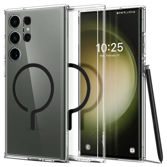 Samsung Galaxy S23 Ultra SM-S918, Műanyag hátlap védőtok + szilikon keret, Magsafe töltővel kompatibilis, Spigen Ultra Hybrid Mag Metal Ring, átlátszó/fekete