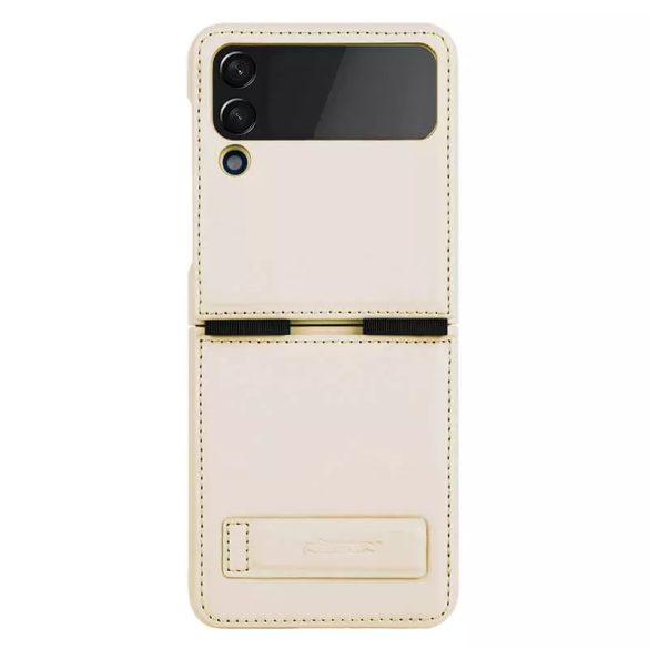 Samsung Galaxy Z Flip4 SM-F721B, Műanyag hátlap védőtok, bőrhatású hátlap, kitámasztóval, Nillkin Qin Vegan, arany